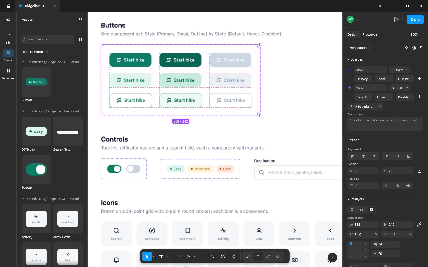 The Ridgeline design system with the Assets panel showing Button, Search field, Toggle and icon components, and a Button component set of nine variants selected with its Style and State properties in the Design panel