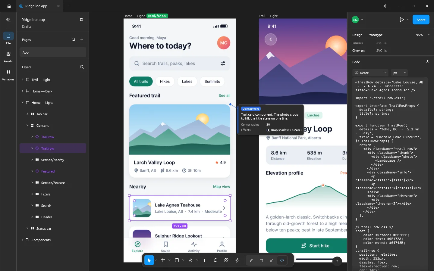 Dev Mode on a phone screen with a Ready for dev badge, an annotation callout on a card, and generated React code with a props interface in the Inspect panel