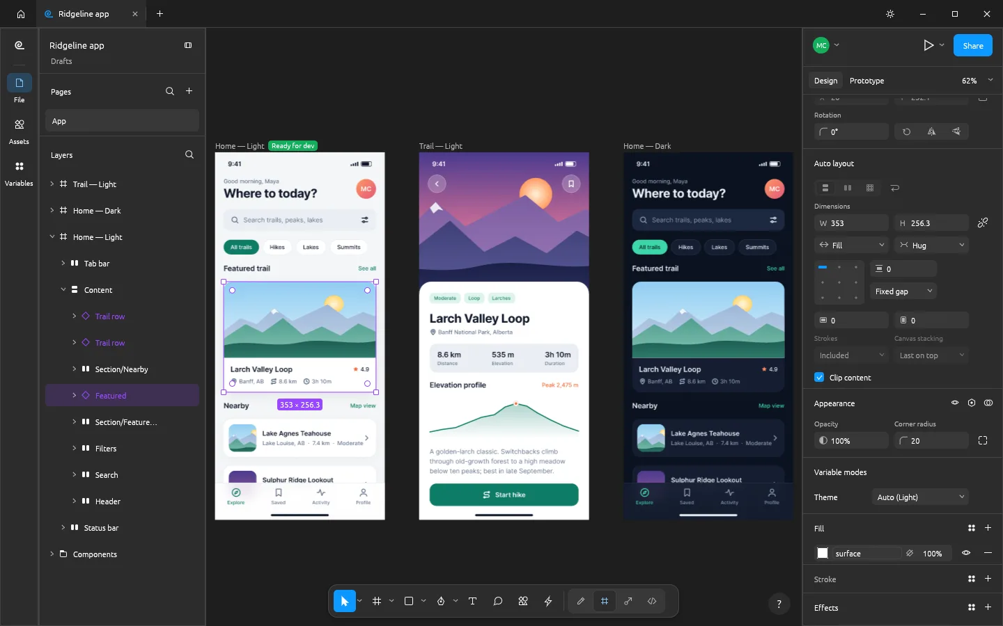 FigCraft editing a hiking app: three phone screens on the canvas, a trail card instance selected, the auto layout tree in the Layers panel and its sizing and colour variables in the Design panel