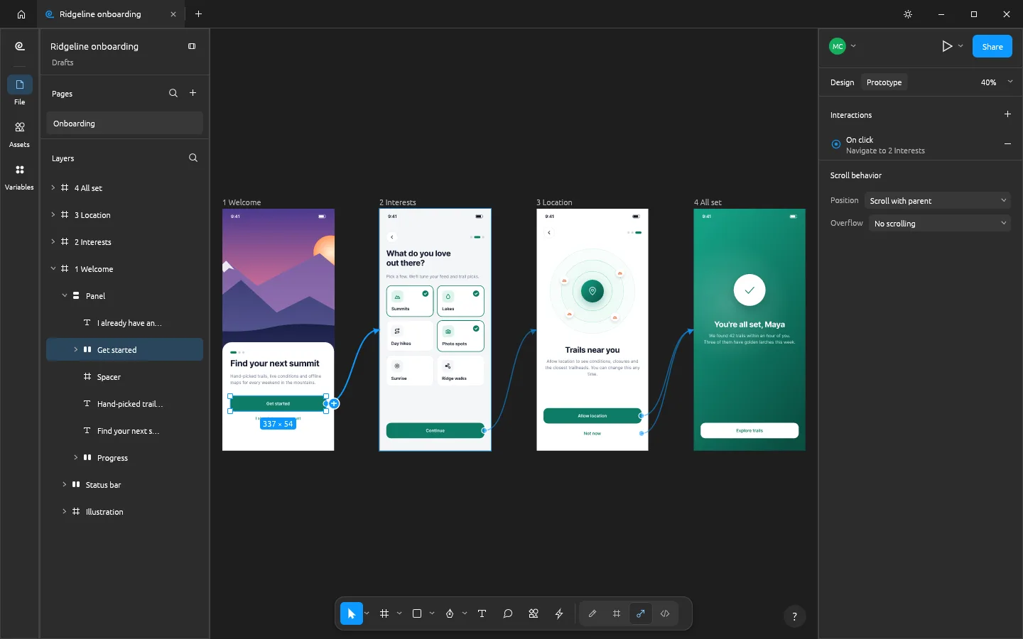 Four onboarding phone screens in the Prototype tab joined by connection curves, with the Get started button selected and its On click, Navigate to interaction in the Prototype panel
