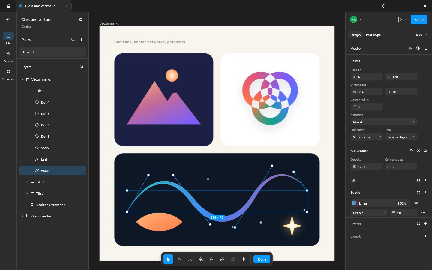 Vector edit mode on a wave path with a gradient and tapered variable-width stroke, its anchor points and handles visible, above a mountain mark built from booleans